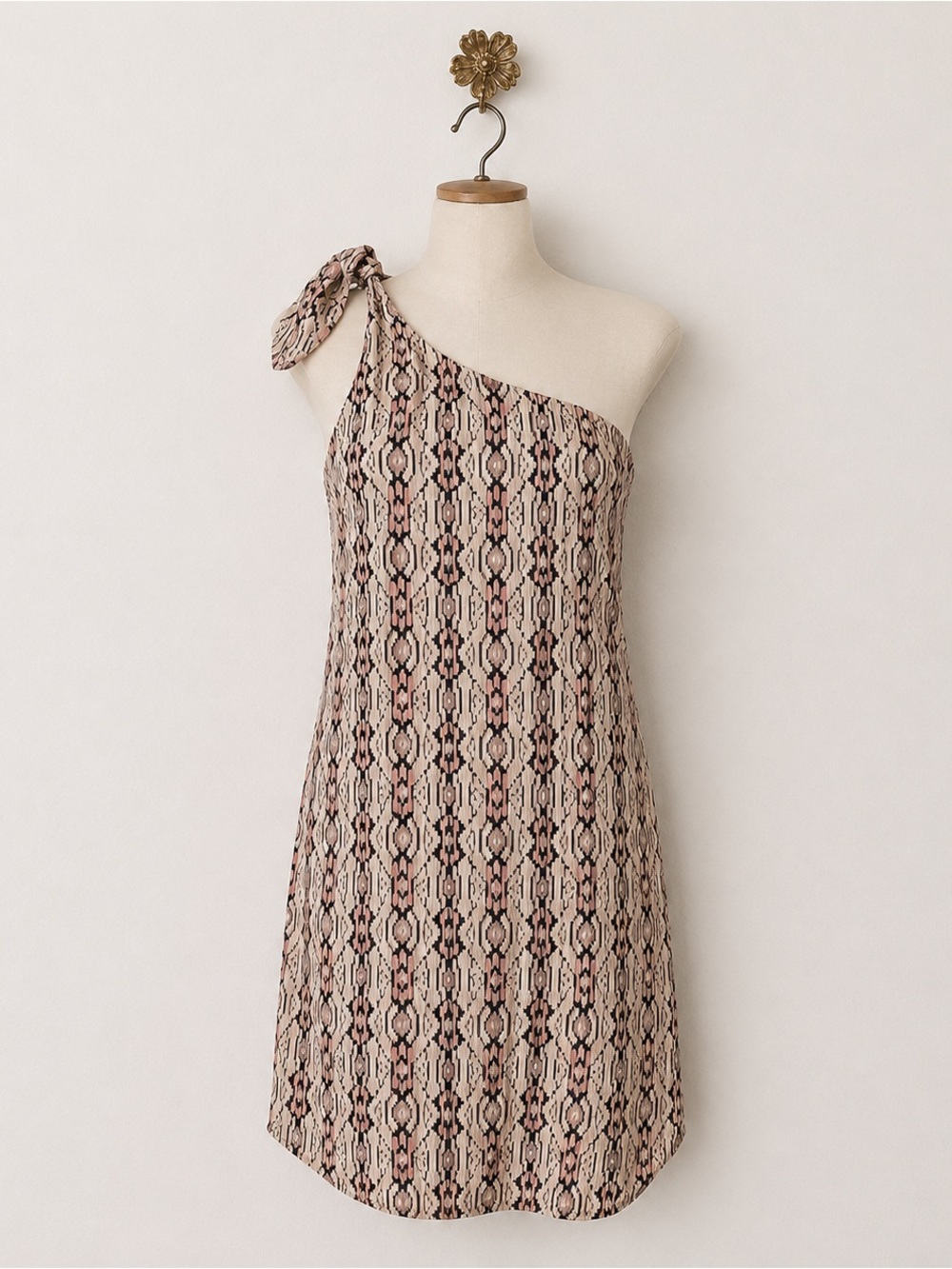 Free People pink tan one shoulder boho chic bohemian geometric print dress 10
